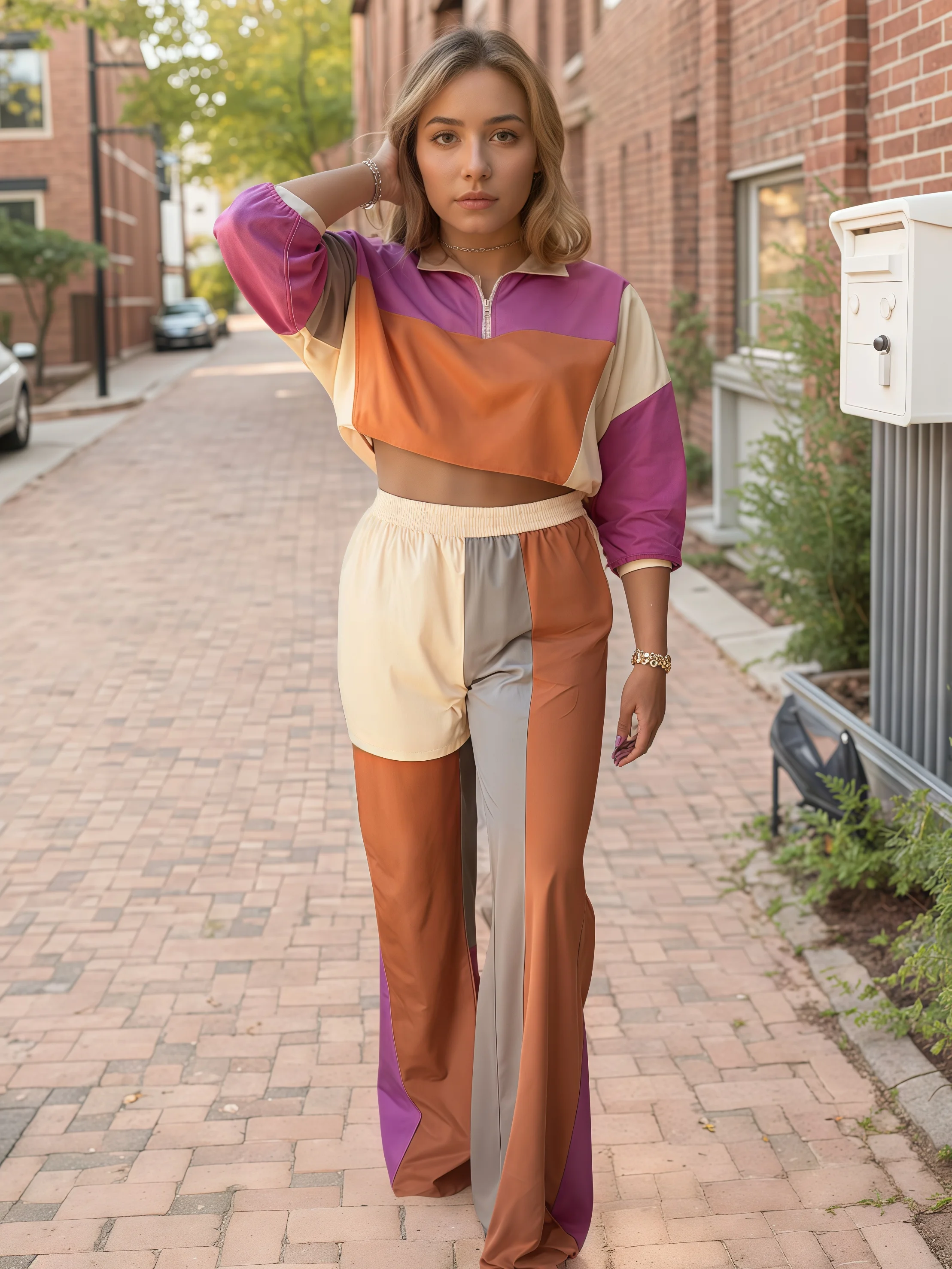 

New women's fashion contrasting color trimmed two-piece set - front zipper long sleeved top and elastic waist pocket pants