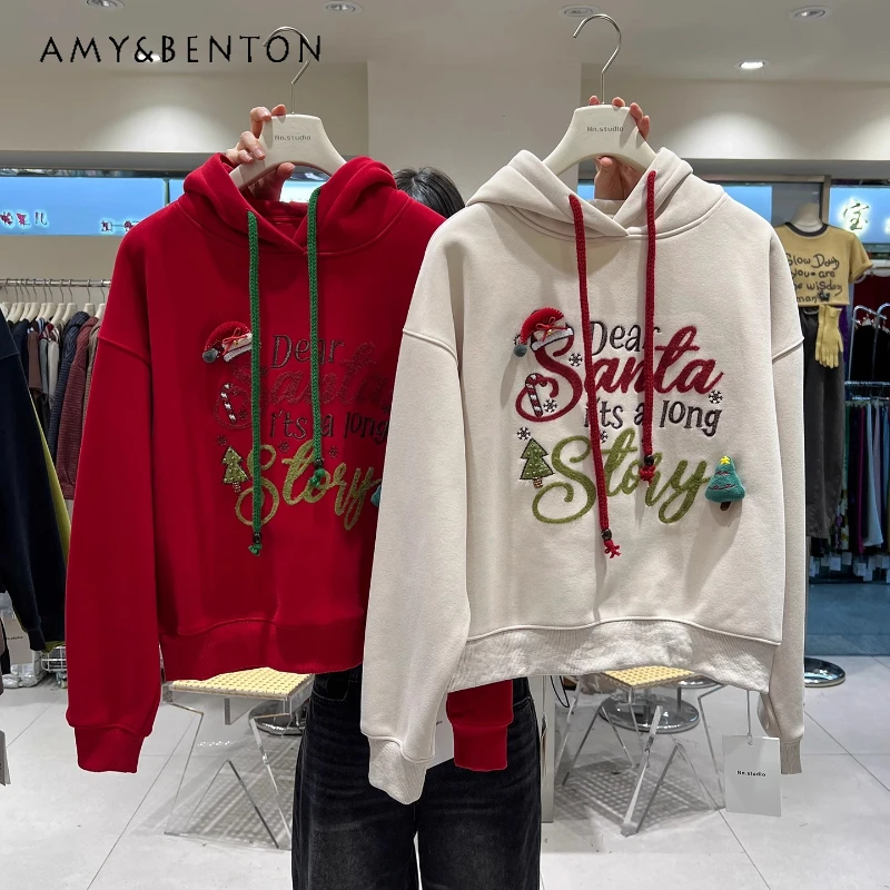 

Christmas Style Winter Fleece Sweatshirt For Women's 2025 New Popular Heavy Embroidery Youthful Loose Short Hooded Jacket Coat