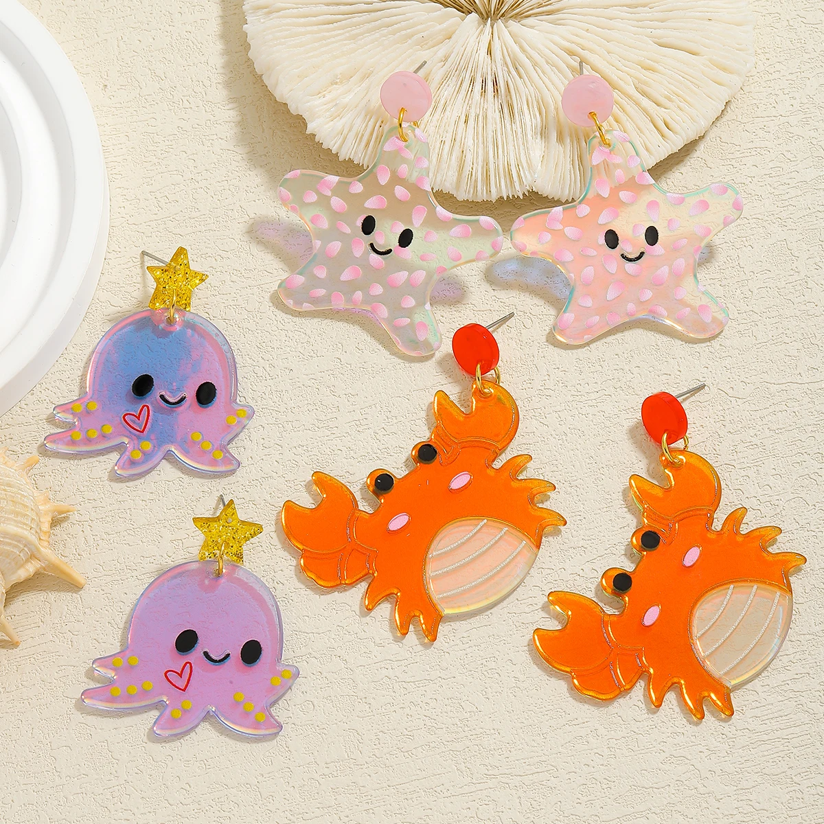 

Cute And Fun Gradient Color Octopus Starfish Crab Drop Earrings For Women Acrylic Sea Animal Summer Beach Creative Accessories