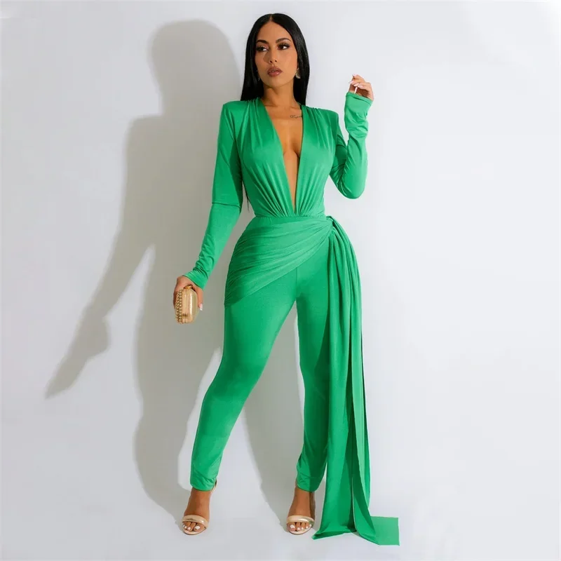 

KEXU Elegant Long Sleeve Deep V-neck Ruched Evening Romper Sexy Skinny Party Women Jumpsuits with Ribbon Combinaison Femme