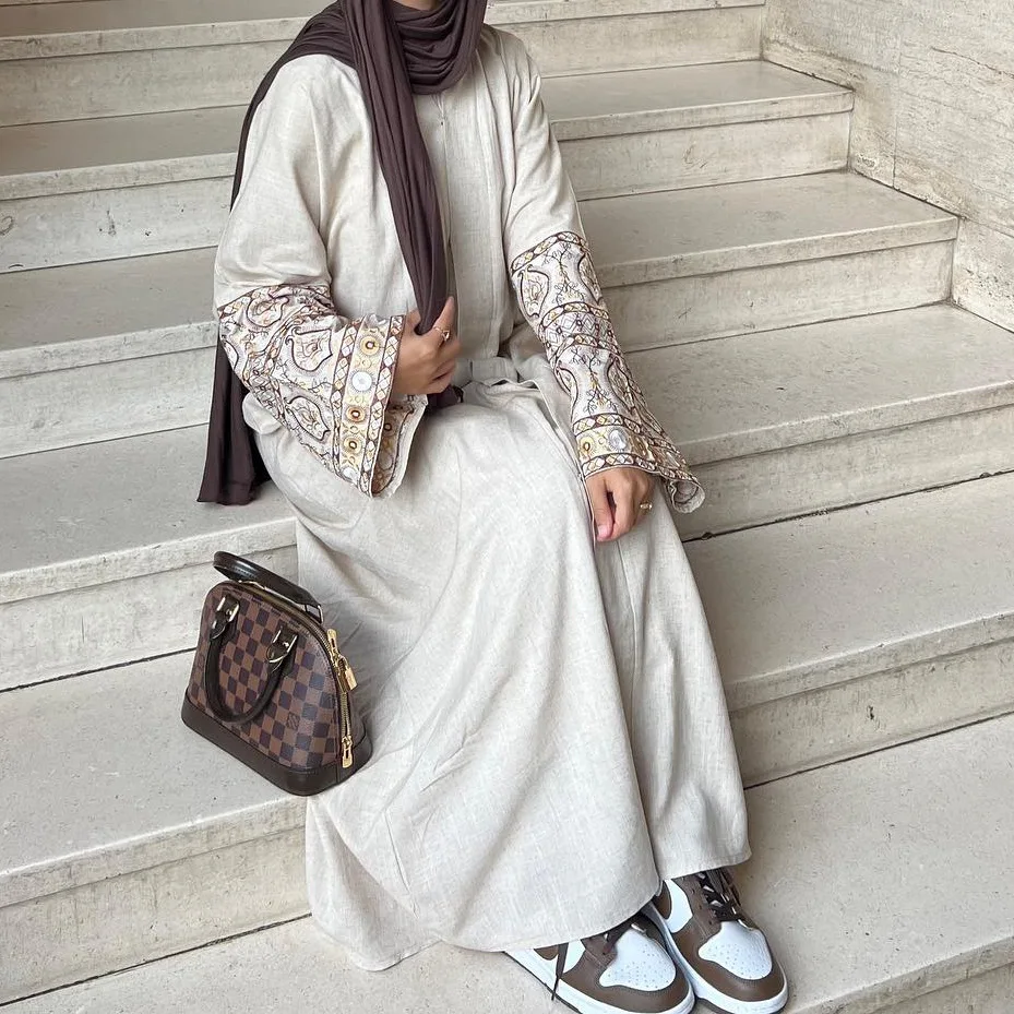 Katoenen Linnen Open Abaya Met Borduurwerk Kimono Moslim Hijab Jurk Abaya Voor Vrouwen Dubai Luxe Kalkoen Kaftan Islamitische Kleding