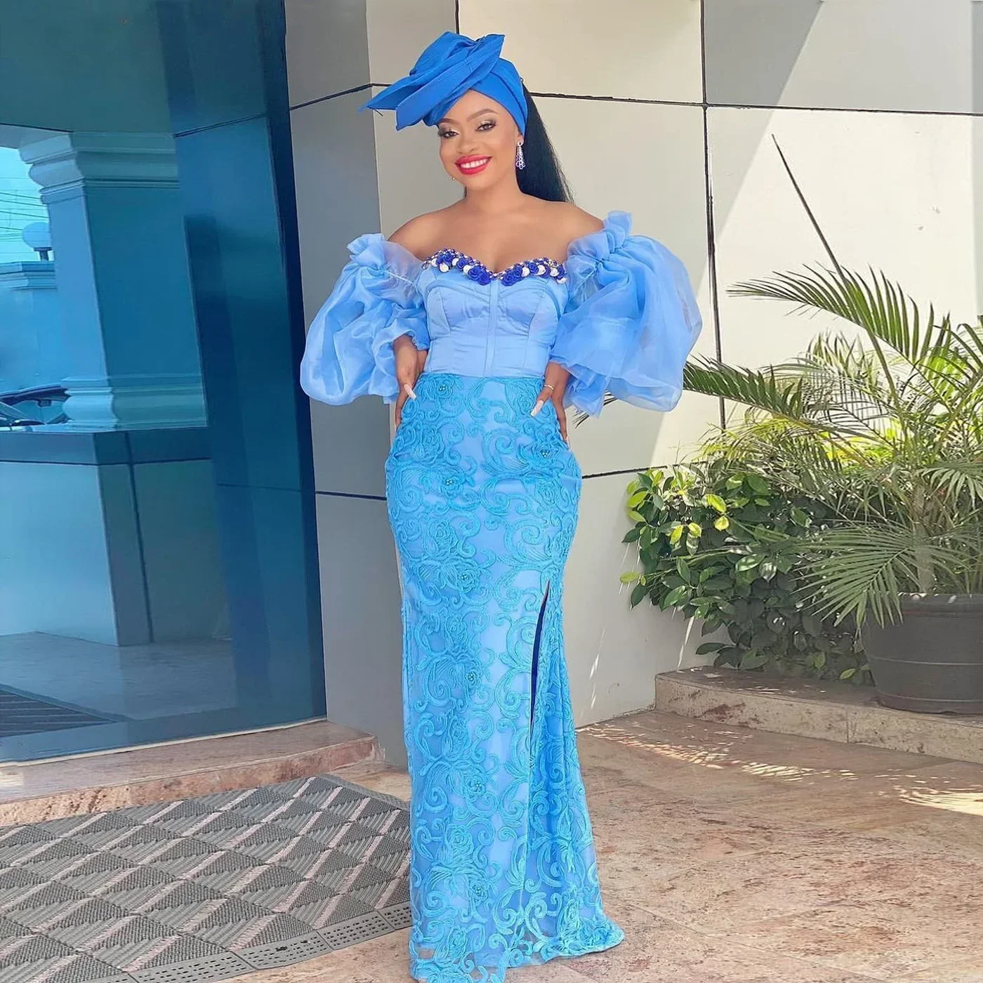 Elegant Detachable Sleeves Off Shoulder African Wedding Guest Gown Aso Ebi Formal Party Dress Nigerian Blue Lace Prom Dresses