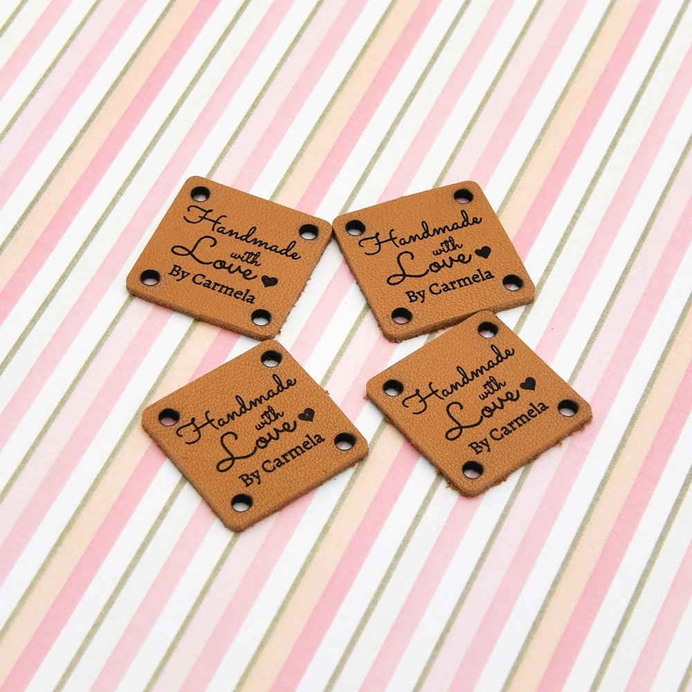 Leather Labels, Sewing Tags, Genuine Leather Knitting Labels, Tags For Handmade, Square 1x1 Inches, Laser Engraved, D575