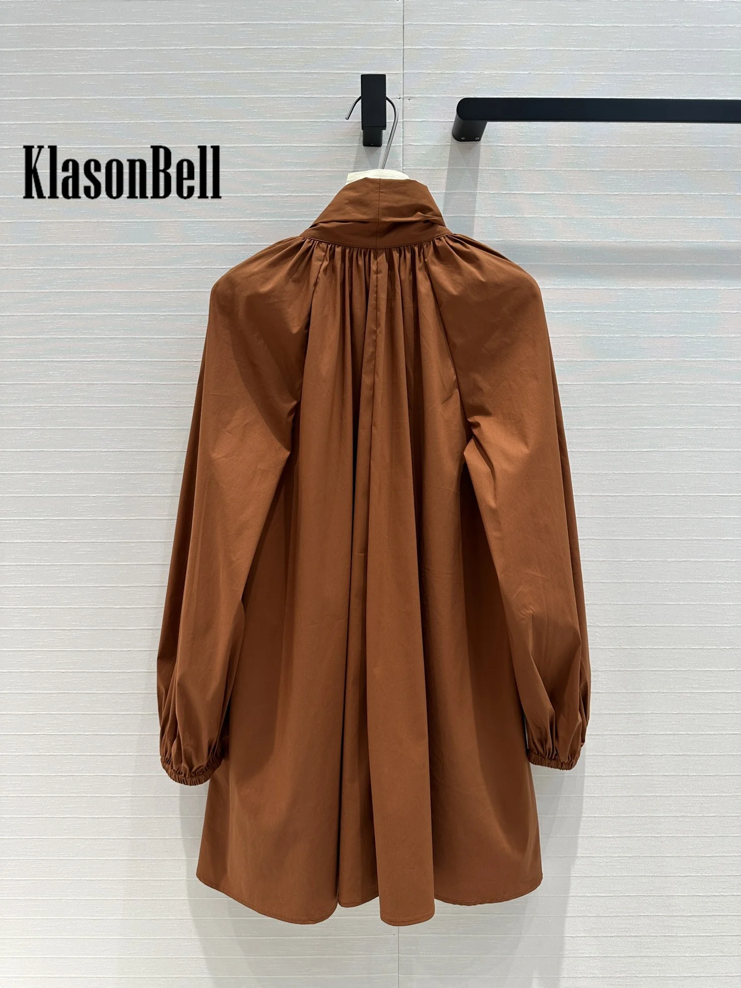 8.23 KlasonBell Women Clothes Fashion Ruched Ribbon Bow Shirt Dress Puff Sleeve Elastic Cuff Loose Commuter A-Line Mini Dress