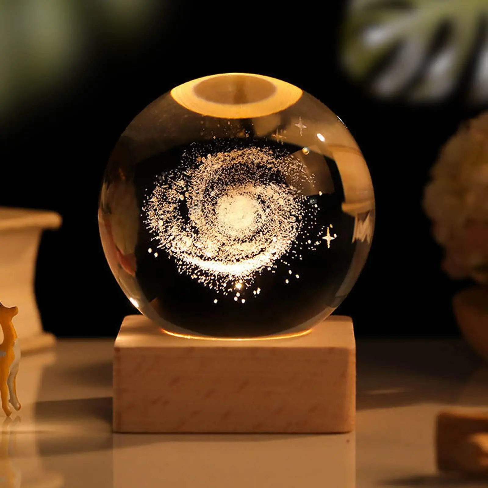 

3D Milky Way Galaxy Crystal Ball Lamp, 6CM Crystal Ball Night Light with Wooden Base Home Decorative Valentine's Day Gifts