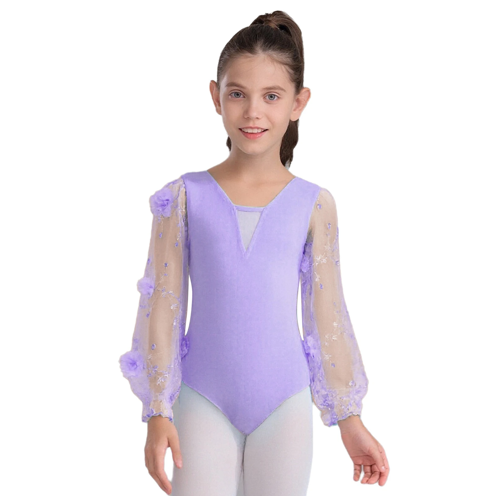Kids Girls V-Neck Ballet Leotard Performance Costume 3D Flowers Embroidery Sheer Mesh Long Puff Sleeves Dance Leotard