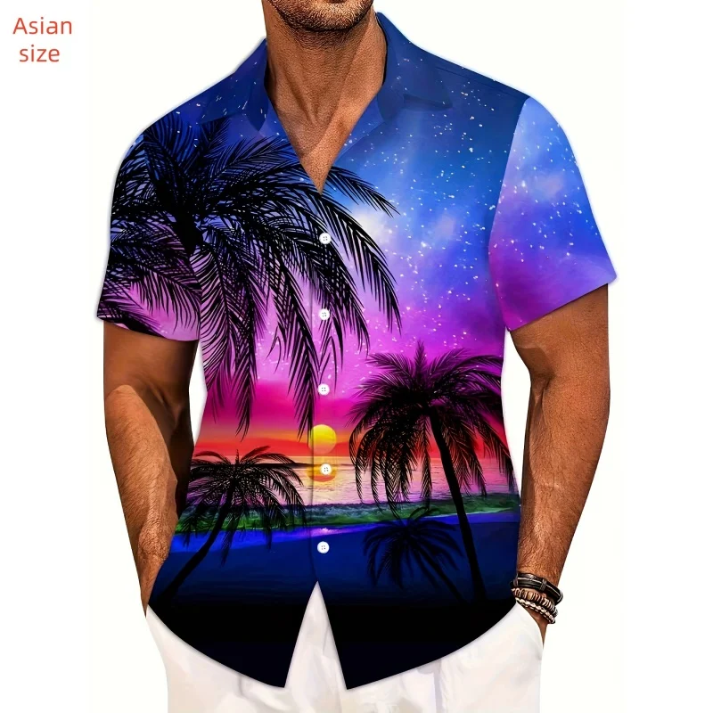 3D Printed Coconut Tree Hawaiian Shirt For Men Colorful Sunset Pattern Blouse Summer Loose Button Lapel Tops Beach Aloha Shirts