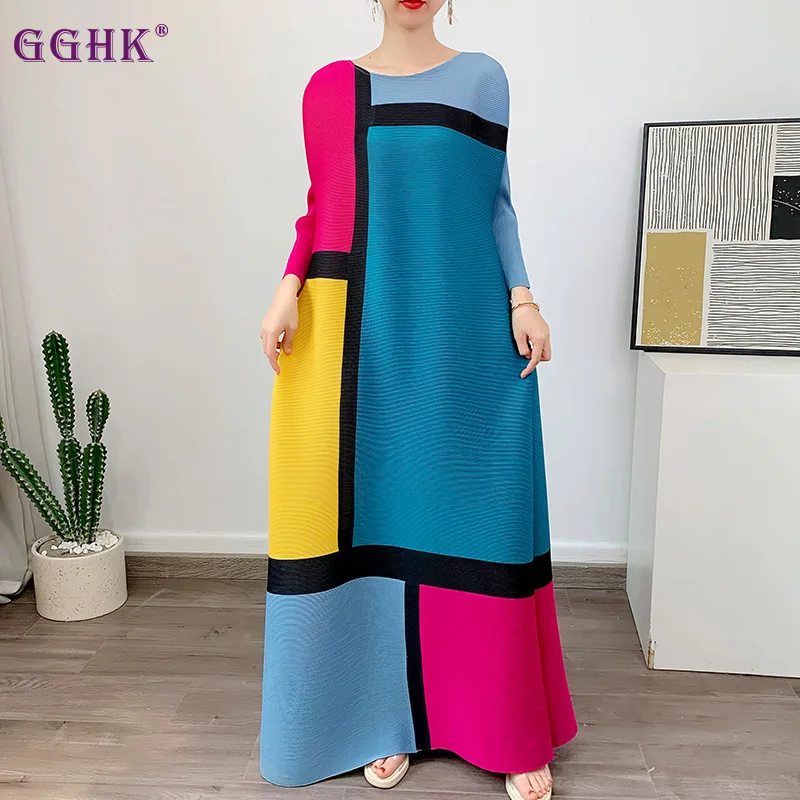 

GGHK Miyake Pleated Women Casual Evening Party Dresses Round Neck Long Sleeve Color Clash Loose Plus Size Design Prom Dresses