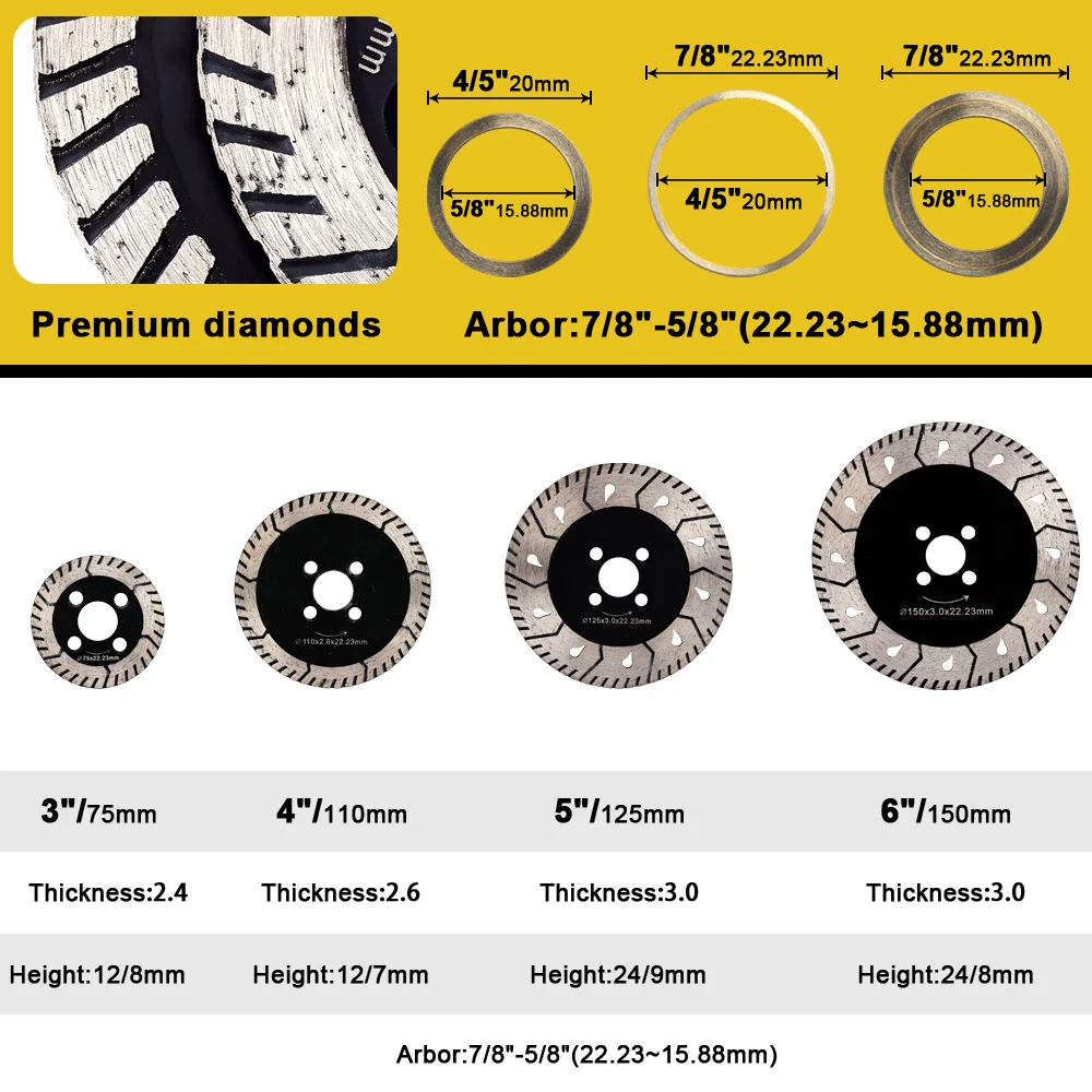 Solidure D75mm-150mm Granite Cutting and Grinding Blade Diamond Cutting Grinding Disc for Granite Marble Concrete