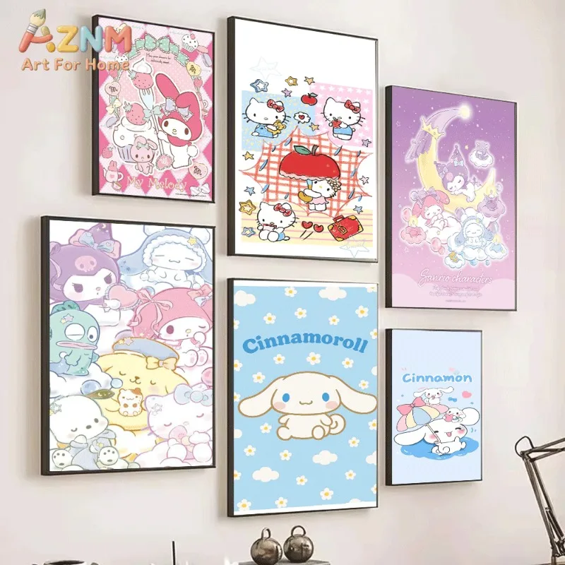 `My Melody Sanrio Kawaii Canvas Wall Art Unframed Poster For Girls Room Strawberry Cake Sweet Aesthetic Bedroom Dorm Wall Decor`