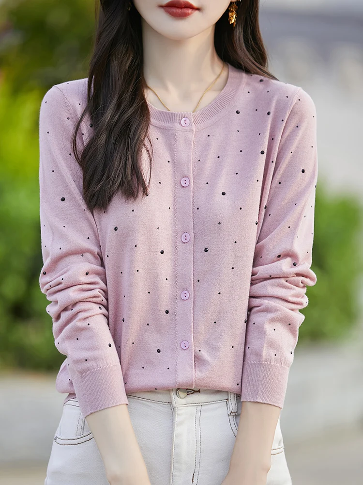 

2025Новый осенне-зимний шерстяной кардиган с длинным рукавом и круглым вырезом, воротник с кристаллами и бриллиантами, трикотаж, женский камвольный вращающийся свитер, модное пальто