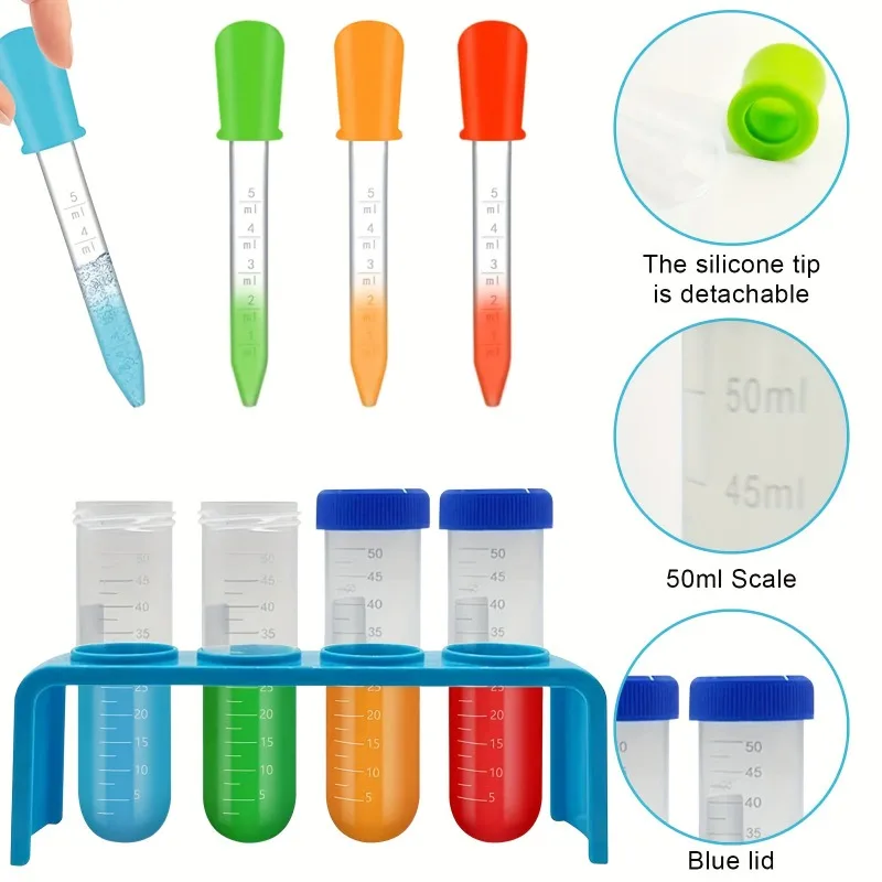 9pcs Suitable For Science Kit, Plastic Test Tube With Holder And Dropper, Kit Creative Science Experiment Education