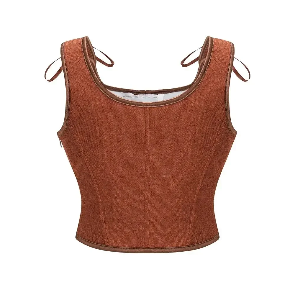 Brown Fashion Women Corset Crop Tops Camisole Underwear Female Bustier With Straps Side Zipper Push Up Corselet Vest