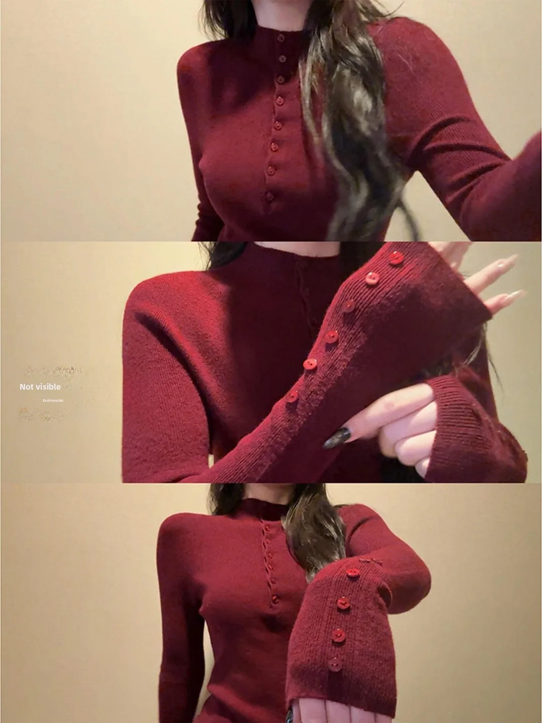 

Slim Fit Knitted Sweater with Buttons Half High Collar New Year's Fashion for Women Autumn Winter Style Korean Commute Style