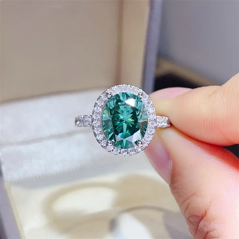 FEOBUR 1/3/5ct Green Oval Moissanite Halo Ring for Women Luxury Jewelry Gift S925 Sterling Silver Lab Diamond Wedding Band