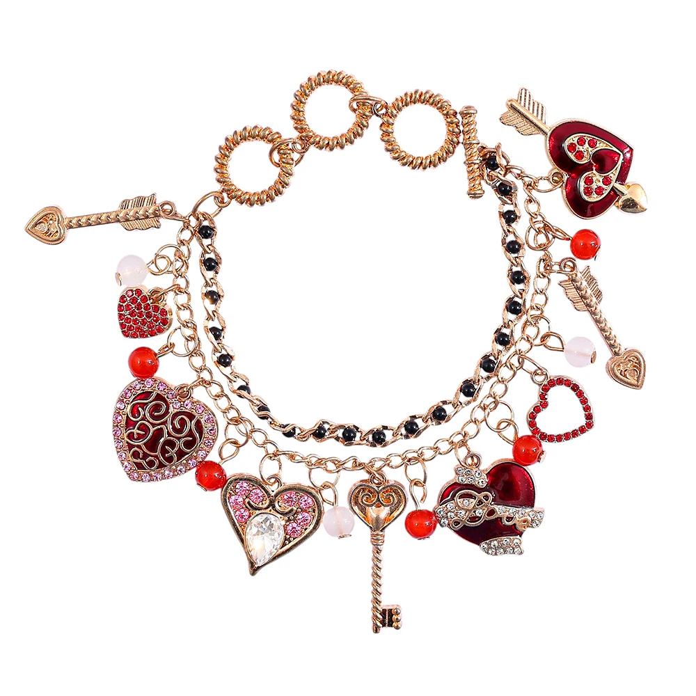 Vintage Red Heart Key Charm Bracelet Gothic Multi-layer Chain Cupid Arrow Rhinestone Pendant Bracelet Alice Queen Jewelry Gift