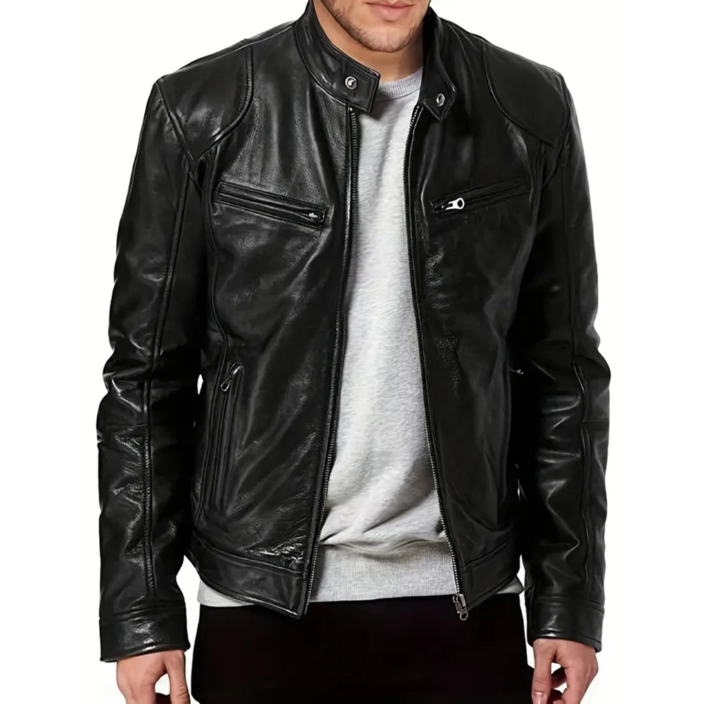 

Мужская повседневная куртка из искусственной кожи с воротником-стойкой на молнии, красивое мотоциклетное пальто