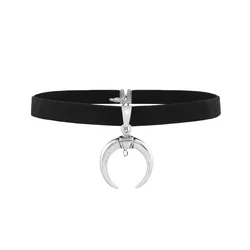 Emo Punk Gothic Choker Necklace Black Velvet Ribbon Chockers Moon Pendant Goth Necklace for Women Collares Mujer