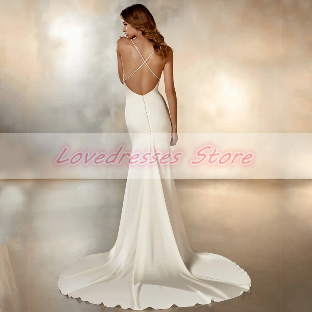 

Customized Deep V-Neck Sheer Straps White Wedding Dresses for Brida Sleeveless Sheath Floor-Length Jersey Button Open Back