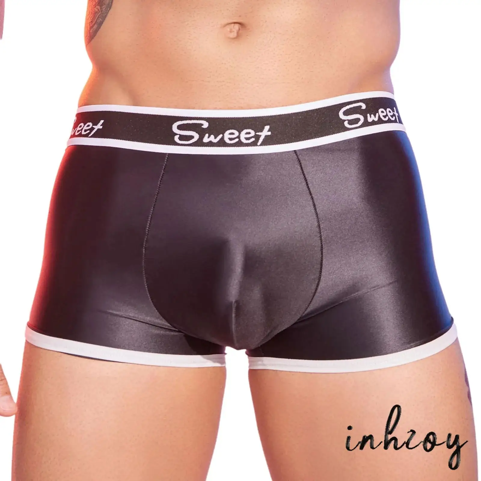 Men Glossy Stretchy Boxer Underwear Print Elastic Waist Bulge Pouch Seamless Briefs Shorts Lingerie Nightwear Swim Trunks