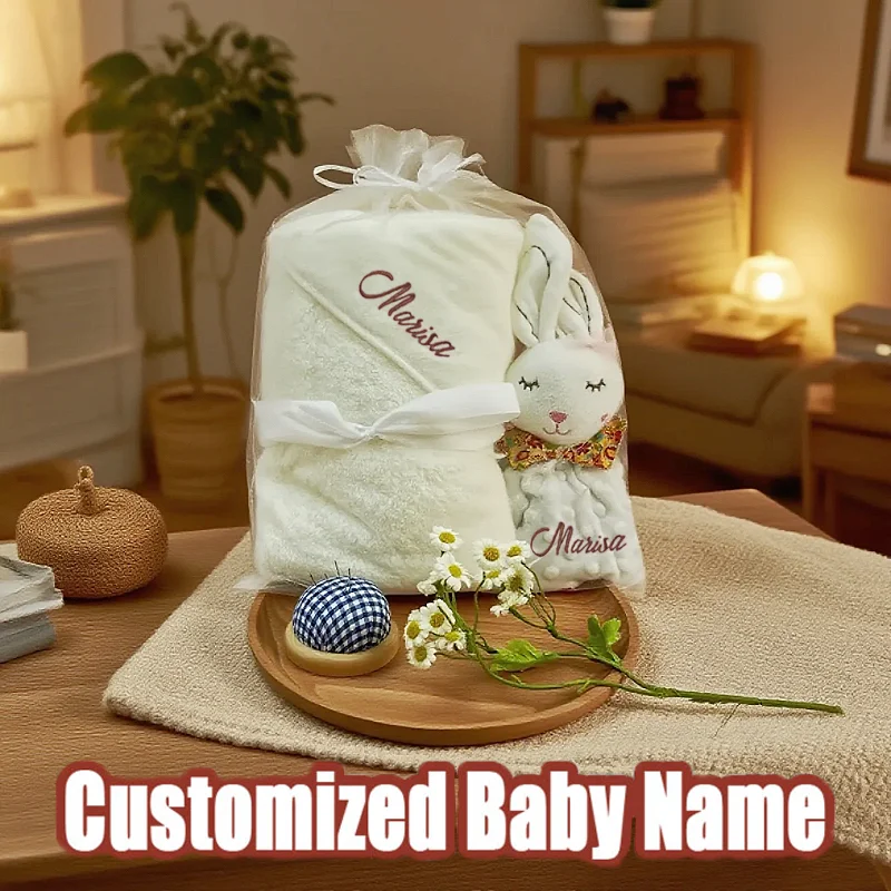 

2pcs Personalized Baby Gift Set Embroidered Name Hooded Towel and Bunny Newborn Accessory for Baby Shower Unique Newborn Gifts