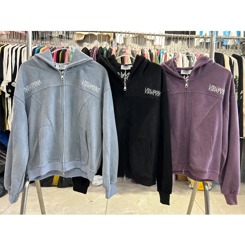 

Замшевая толстовка с двойной молнией и вышивкой букв и логотипом, куртка с капюшоном для мужчин и женщин, лоскутная уличная одежда, свободные повседневные пуловеры, одежда