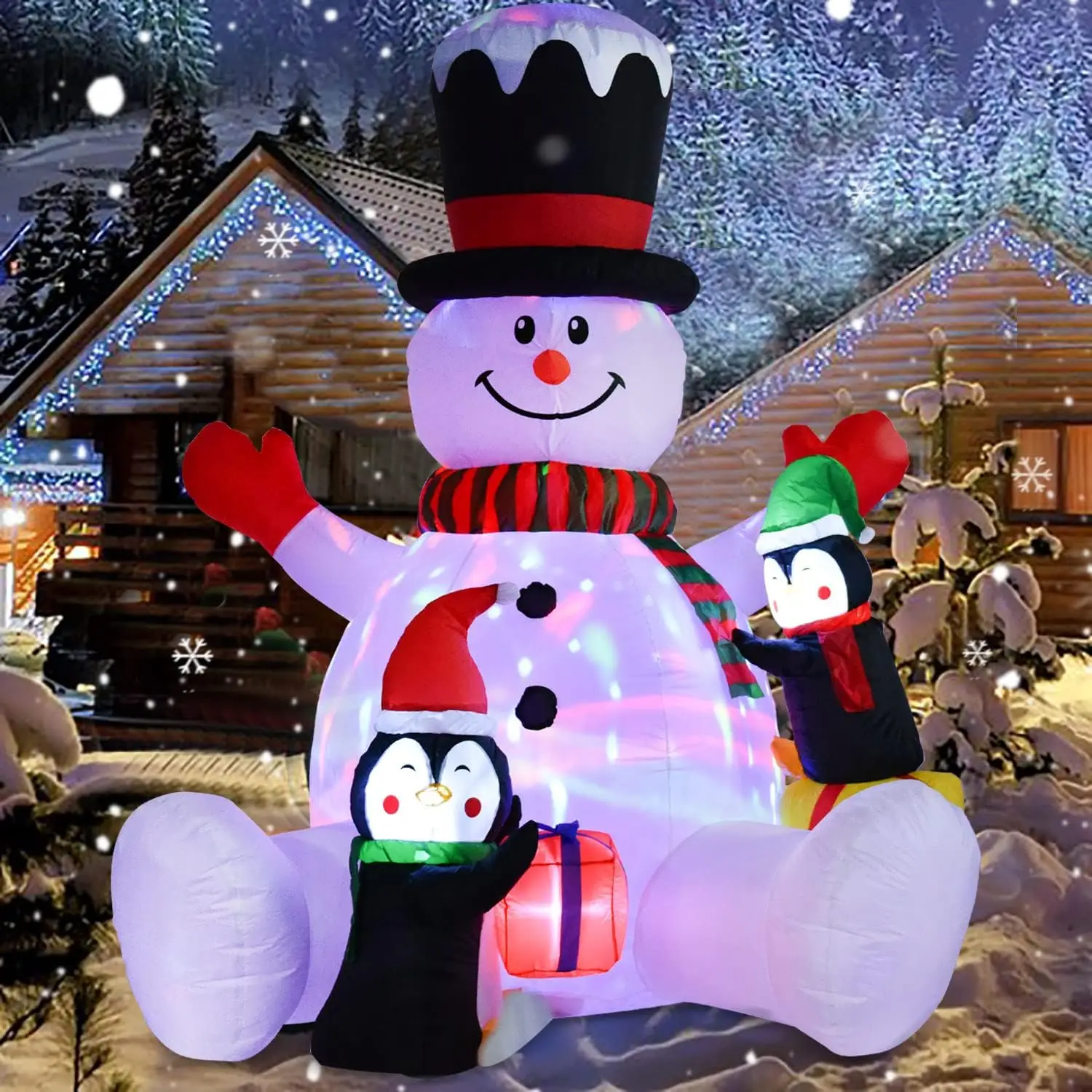 7ft Opblaasbare Kerst Sneeuwman Met Pinguïns Roterende Veranderende Led Verlichting Xmas Vakantie Opblazen Decoratie Outdoor Feest Speelgoed