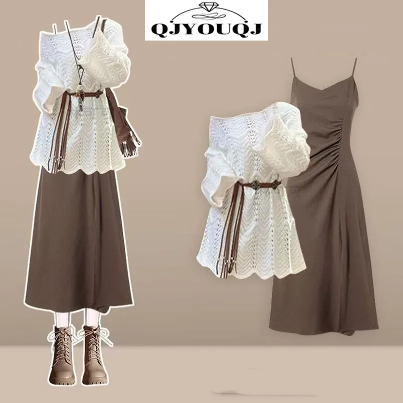 

Spring and Autumn Korean Fashion Set Women's Hollow Out Shoulder Hoodie Top+Casual Strap Skirt Two Piece Set