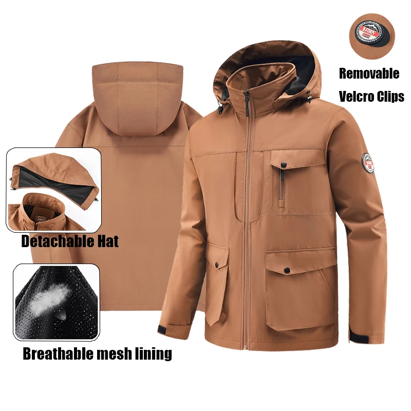 

Осенняя мужская модная повседневная куртка-карго с несколькими карманами, уличная ветрозащитная толстовка, пальто, новинка 2025 года, свободные съемные куртки с капюшоном, топ