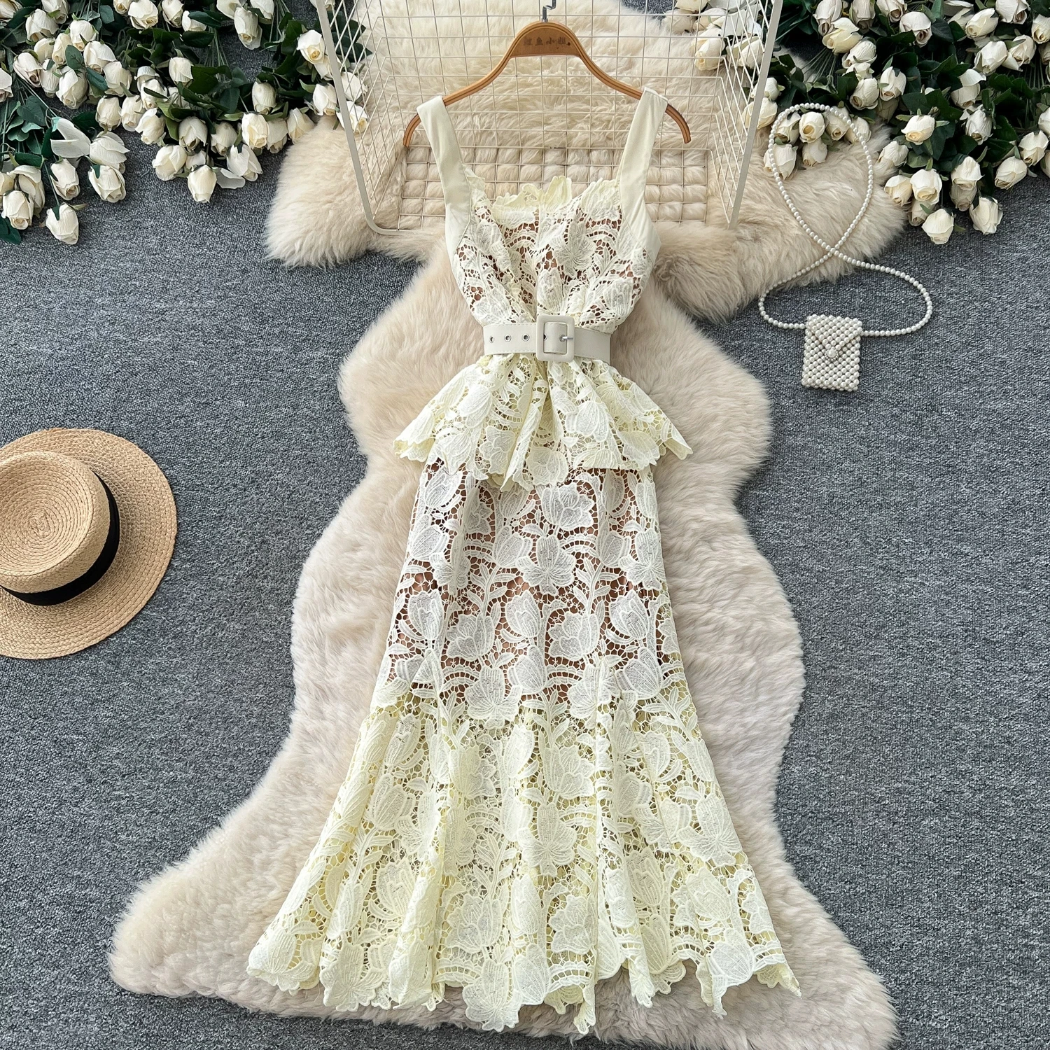 Women Fake Two Piece Hollow Out Lace Maxi Dress Spaghetti Strap Embroidery Belt Long Dress Elegant Evening Party Robe Vestidos