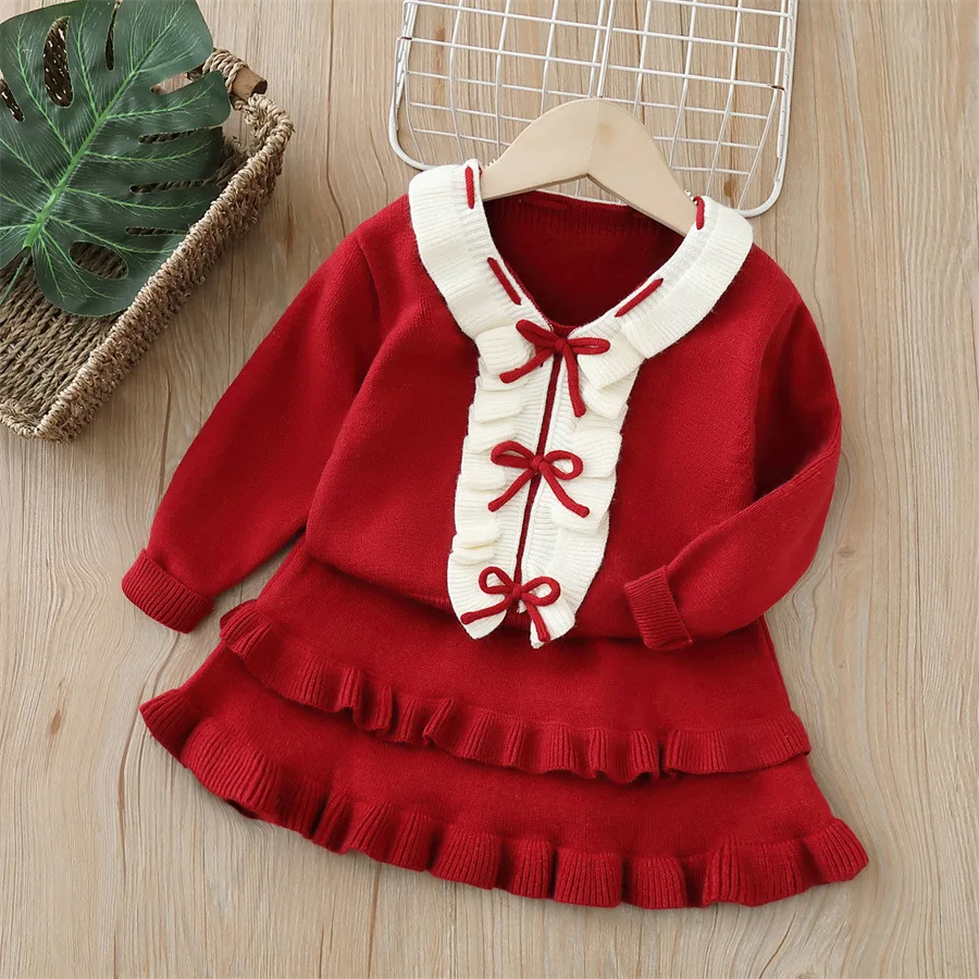 

Girls Knitted Clothes Sets Spring Autumn 2025 Children Woolen Jersey Sweaters Coats Skirts Party Dress Suit For Baby Outfits Kid