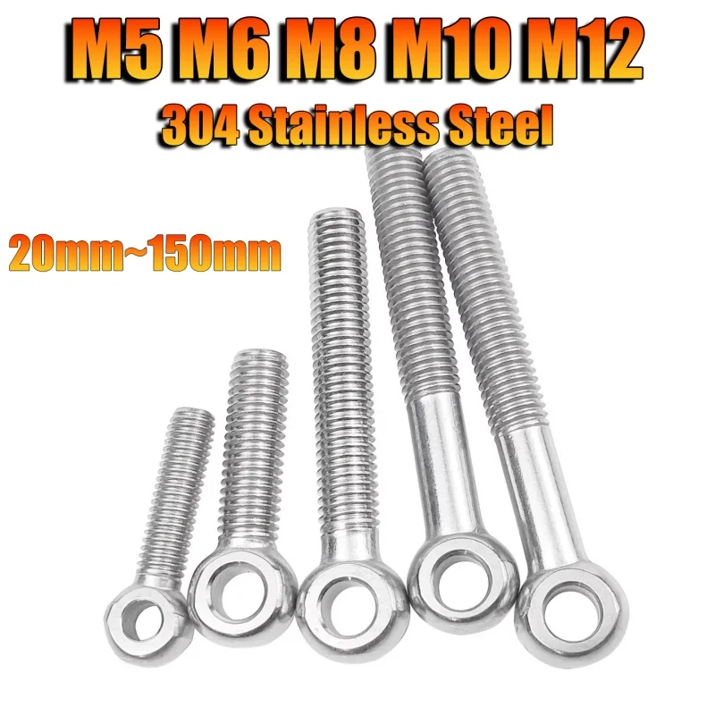 304 Stainless Steel Eye Bolt M5 M6 M8 M10 M12 Fisheye Eye Slip Hole Screw Stud Articulated Anchor Bolt Ring Link Bolts Fastener