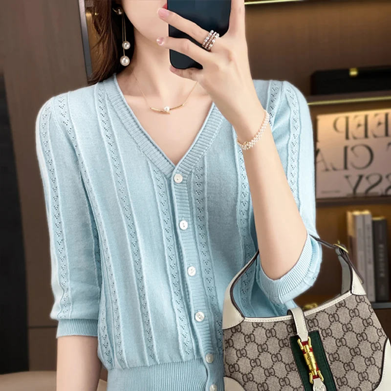 Cardigan aperto ort Sve V-Ne lavorato a maglia in puro cotone Capispalla estivo leggero da donna Vestibilità ampia Lunghezza regolare