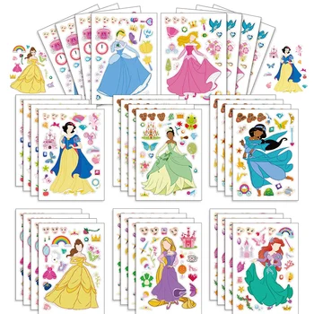 8/16 แผ่นทํา Disney Princess ปริศนาสติกเกอร์เด็กเกม Make-a-Face ประกอบจิ๊กซอว์ DIY ของเล่นของขวัญปาร์ตี้สําหรับหญิง