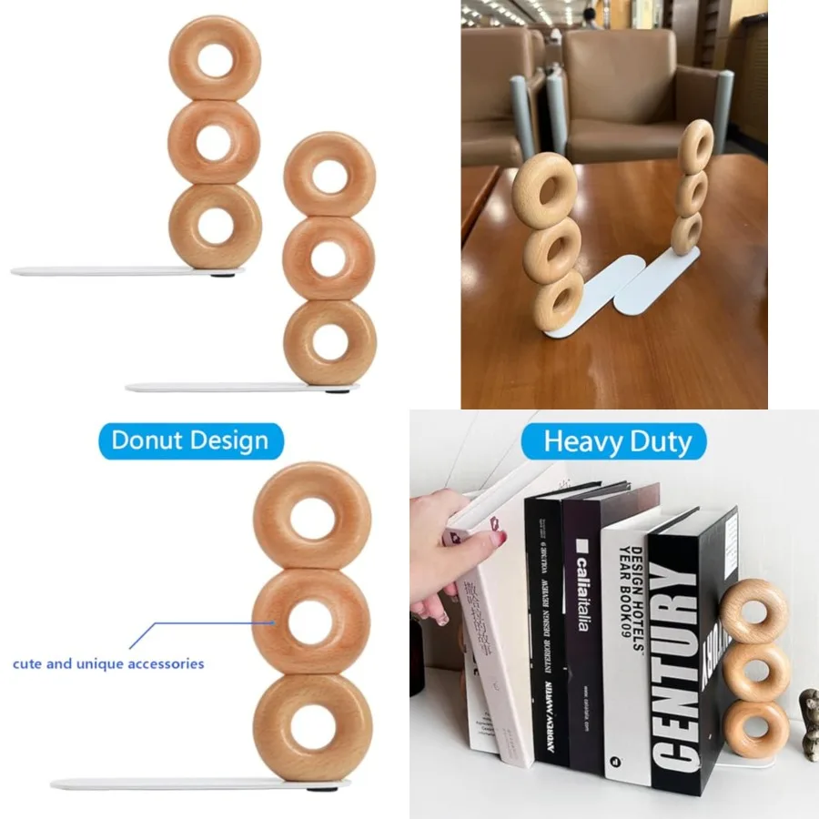 

Концы для книг из орехового дерева ручной работы с металлическим основанием для тяжелых книг, милые аксессуары для полок в форме пончика, уникальный минималистичный декор f