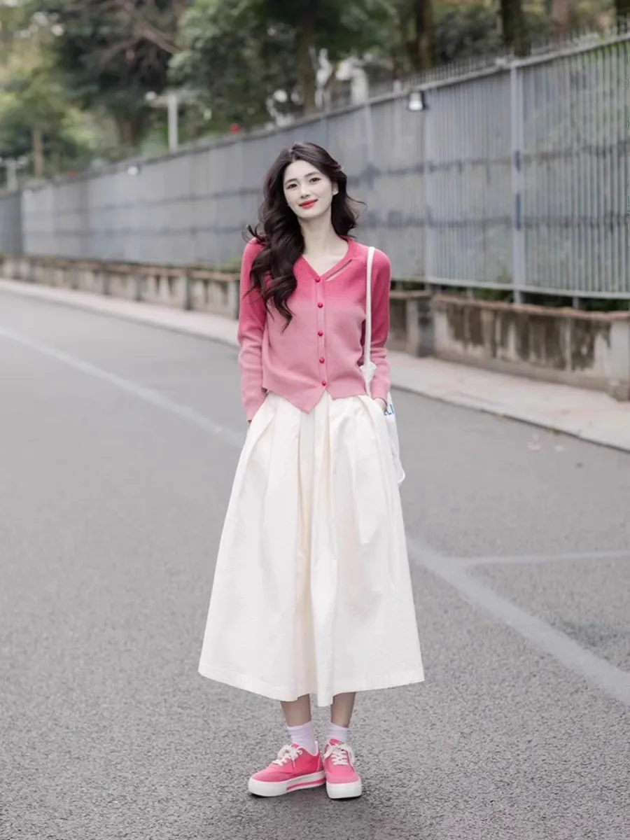 

Autumn Fashion plus Size Women's Gradient Pink Knitted Top And High Waist A-Line Skirt Two-Piece Set Slimming Versatile