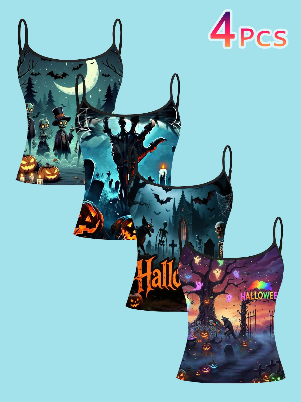 4-Piece Set of Vintage Halloween Skeleton Zombie Castle Print Camisole Tops for Women, Dark Style Spaghetti Strap Slim-Fit Inner Wear Tops