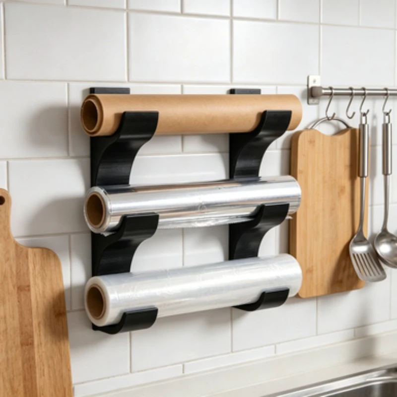 Dreischichtiges Wandmontage-Aufbewahrungsregal für Plastikfolie & Backpapier, Multifunktionaler Rollenhalter für Küchenschranktüren, Backstudios und Catering – Detail 1