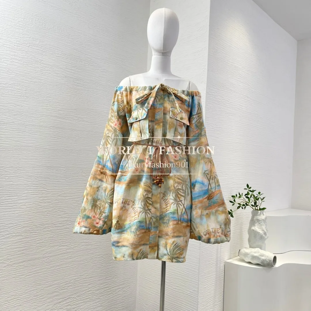 

High Quality Green Coconut Tree Print Long Sleeve Off The Shoulder Pleat Mini Dress