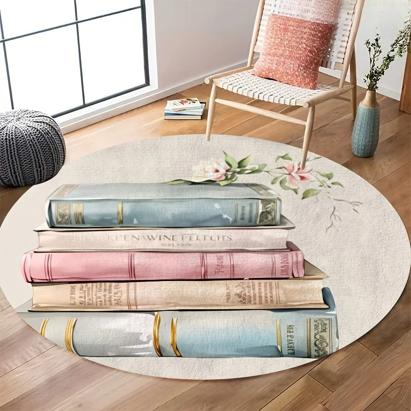 Vintage Pastel Stacked Books Floral Round Rug  Watercolor Book Flower Circular Mat Non Slip Floor Carpet Reading Nook Decor