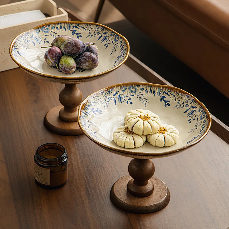 

Vintage Ceramic Wooden Fruit Plate High Foot Dessert Tray for Housewarming Gift