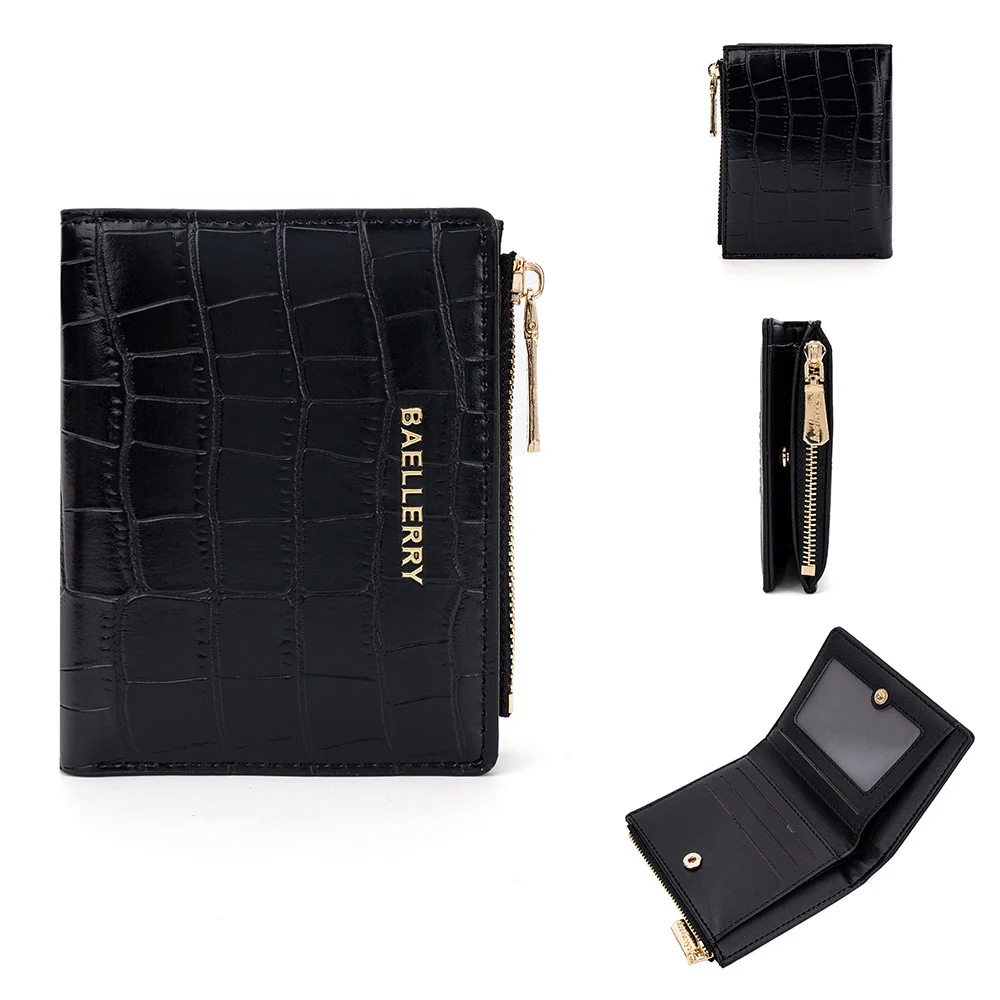 CFUN YA Women Croc Embossed PU Bifold Wallet Compact Card Organizer with Snap Closure ID Window and Side Zip Coin Pocket