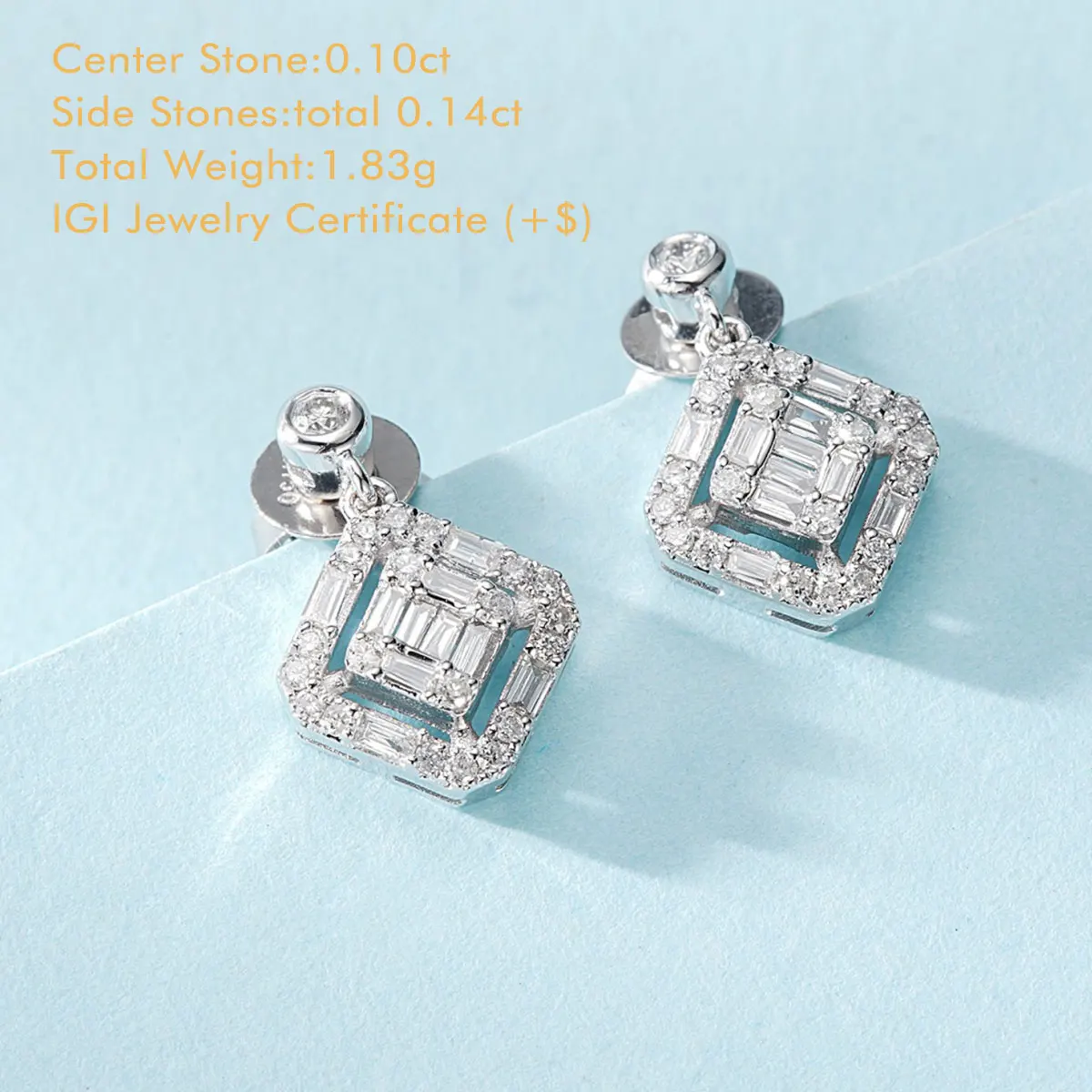 18K Rose and White Gold Diamond Earrings Baguette and Round Cut Natural Diamonds Square Drop Earrings Genuine Diamond Earrings