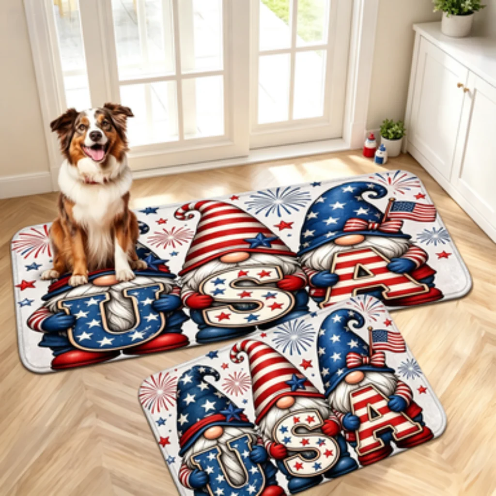 Independence Day Gnome USA Flag Mat, Red White Peppermint Candy Christmas Doormat, Blue Gingerbread Man Winter Long Runner.
