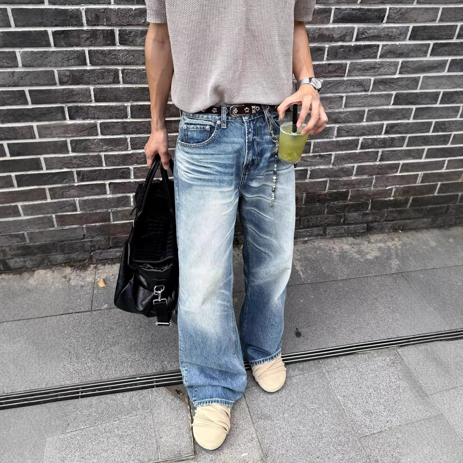 2026 Autumn New Snowflake Washed Old Straight Jeans Men's Trend Cleanfit Loose Wide-leg Trousers