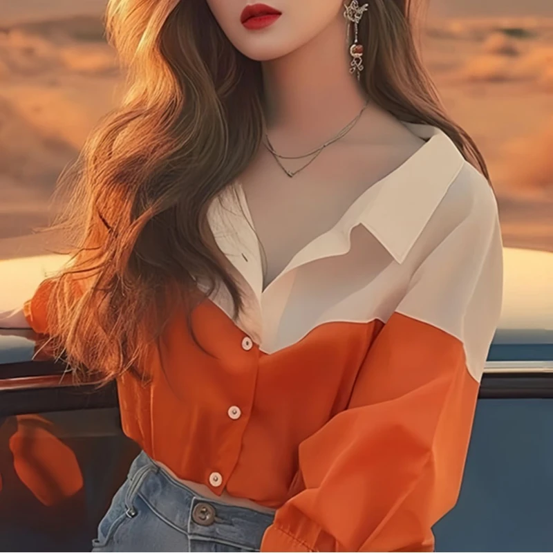 

Новая женская блузка-поло с длинным рукавом в стиле пэчворк, контрастная, свободного кроя, модная, повседневная, элегантная, для весны