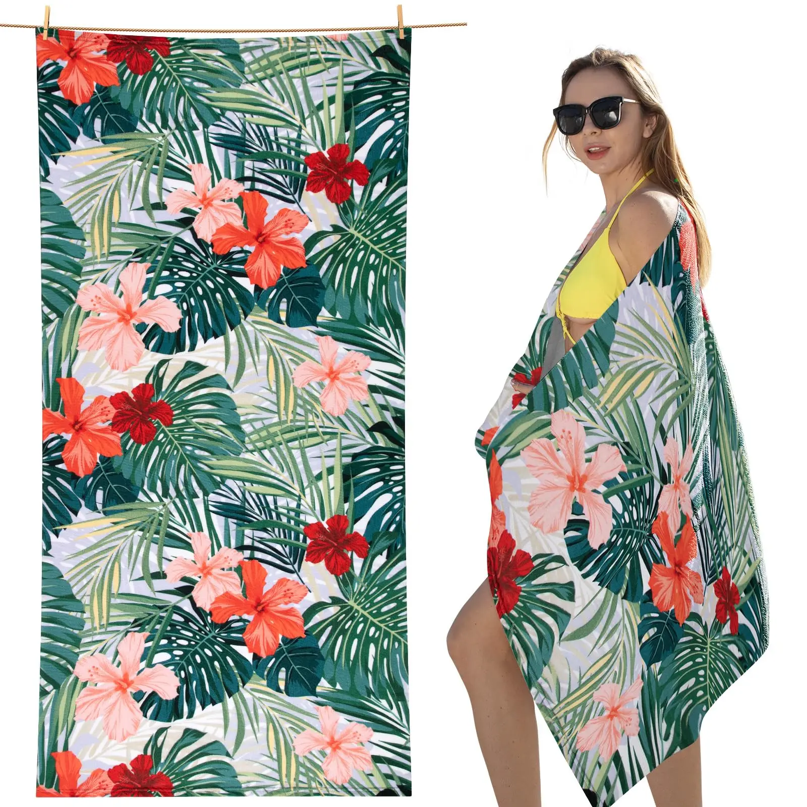 Tropical Monstera Leaf Red Pink Hibiscus Floral Full Print Super Absorbent Quick Dry Beach Towel Hawaii Summer Pool Travel Bath