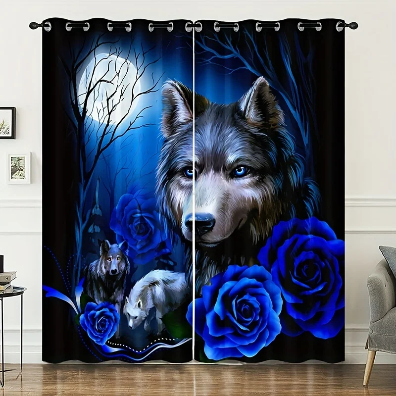 

Синяя штора с изображением волка и розы, с дизайном леса под лунным светом, для гостиной, для обеспечения конфиденциальности и декора, в стиле фэнтези с изображением дикой природы. Без карниза.