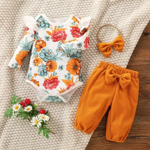 Conjunto de 2 piezas de verano para niñas con estampado floral de manga larga para traje casual