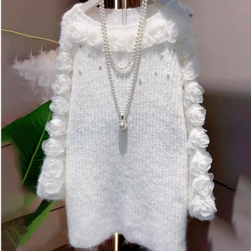 New fashion Dress for Overweight Girls Laid-back Style Knitted Rose with Cutouts Long-sleeved Plus-size Women Dress 2026 Winter